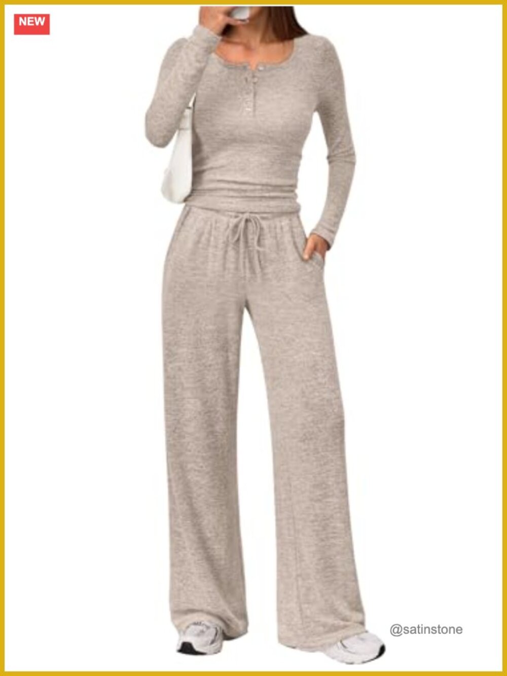 Women's 2 Piece Lounge Set Henley Neck Wide Leg Pants Loungewear